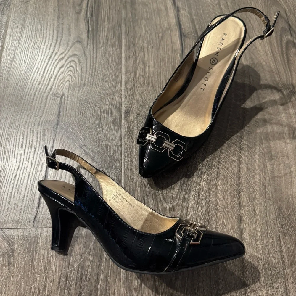 Karen Scott Black Heels with Chain Embellishment Gildyy slingback pumps size 6 - Picture 7 of 10